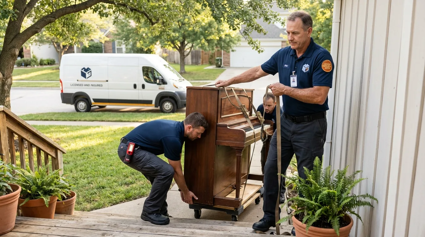 Licensed piano movers securing grand piano in Sanibel, FL