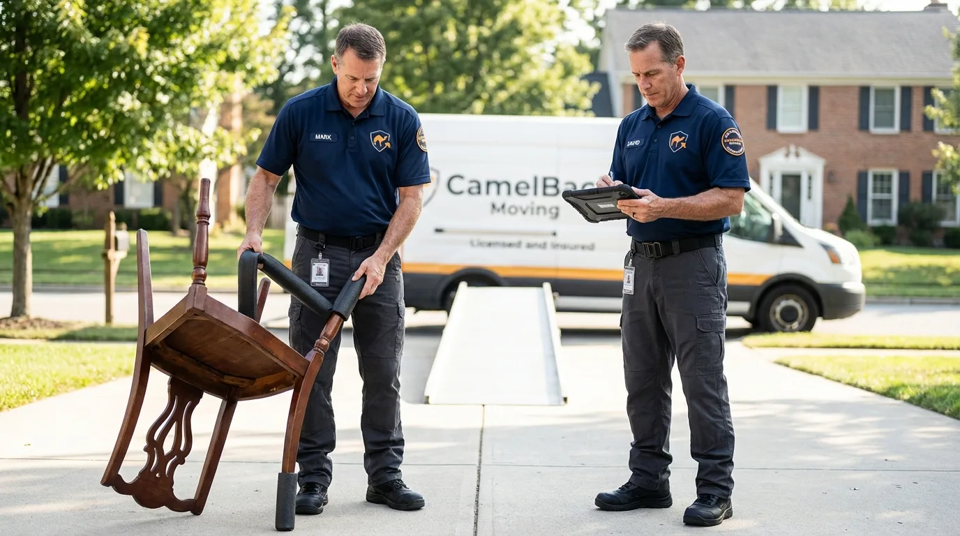 Movers inspecting furniture for damage prevention before loading in Sanibel, FL